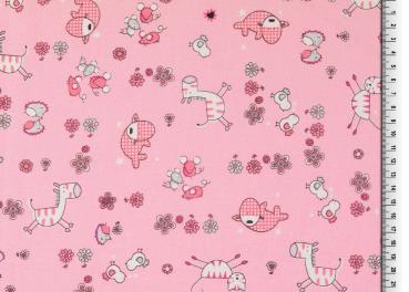 Baumwoll Druck lustige Tiere in Rosa